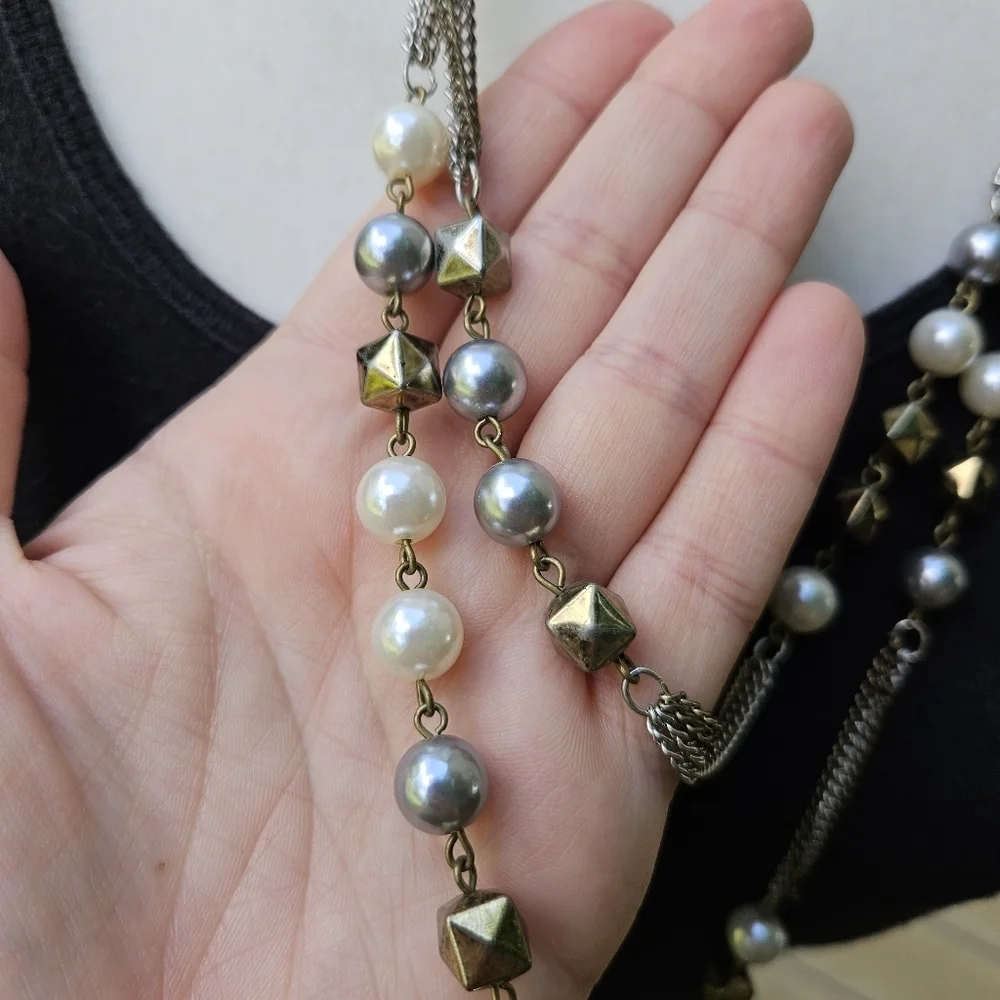 Express multi-tone layered chain necklace beads and faux pearls